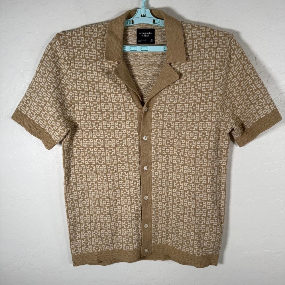 Abercrombie & Fitch Shirt Mens Medium Tan Knit Button Up Sweater Short Sleeve
